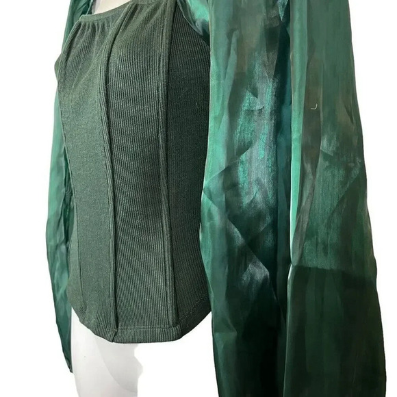 Oddy Womens Sheer Puff Sleeve Boned Ribbed Green Top Shirt Blouse NWT sz Large - Picture 6 of 16